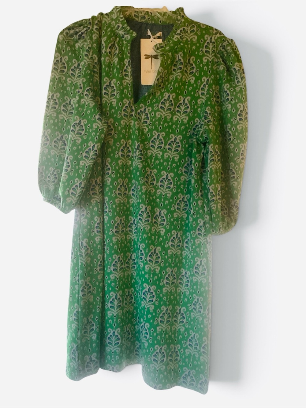Tyler Boe Green, Blue & White Printed Shift Dress 3/4 Puff-Sleeve Size XL NWT